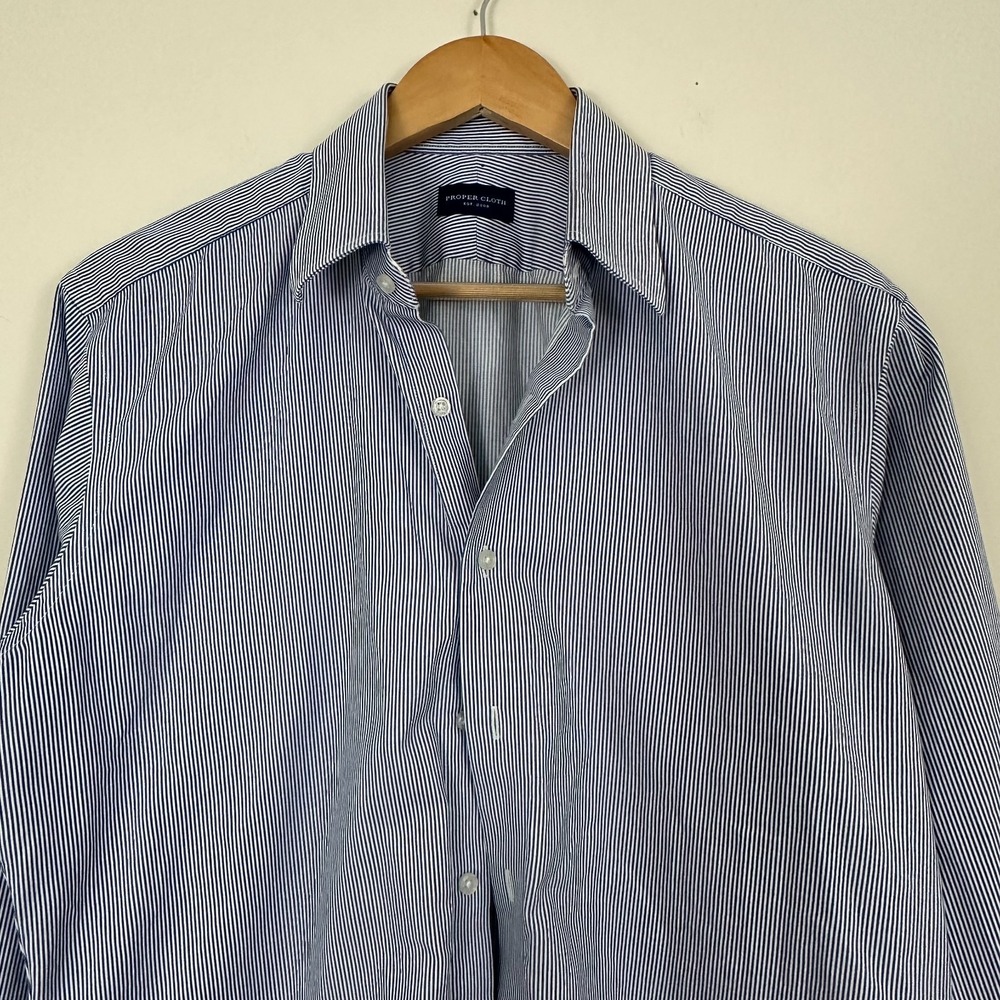 Proper Cloth Dress Shirt Blue Striped Cotton Formal Business Office Mens 15.5 34